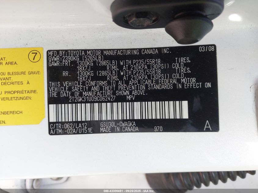 2009 Lexus Rx 350 VIN: 2T2GK31U09C062427 Lot: 43300451