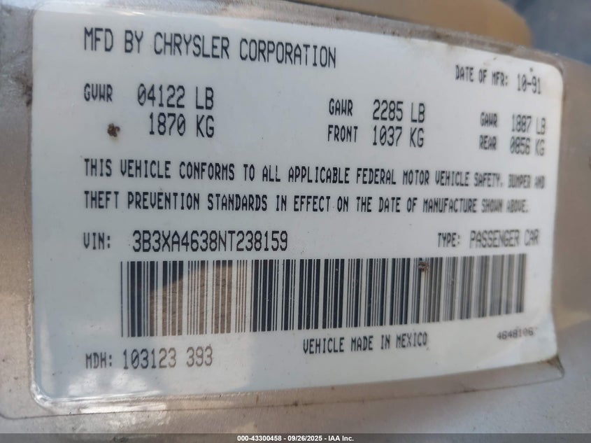 1992 Dodge Spirit VIN: 3B3XA4638NT238159 Lot: 43300458