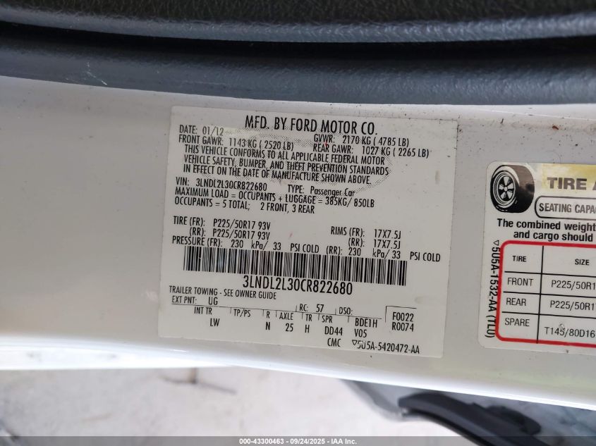 2012 Lincoln Mkz Hybrid VIN: 3LNDL2L30CR822680 Lot: 43300463