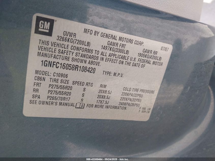 2008 Chevrolet Suburban 1500 Ltz VIN: 1GNFC16058R108420 Lot: 43300464