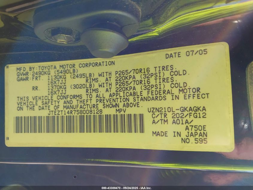 2005 Toyota 4Runner Sr5 V8 VIN: JTEZT14R758008128 Lot: 43300470