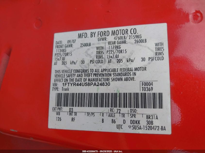 2008 Ford Ranger Sport/Xlt VIN: 1FTYR44U58PA24830 Lot: 43300479