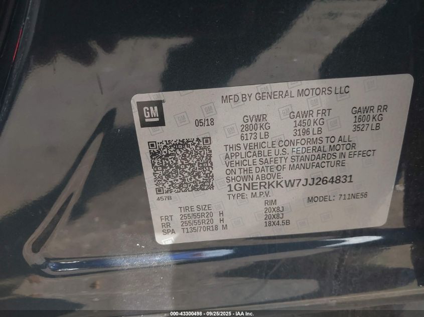 2018 Chevrolet Traverse Premier VIN: 1GNERKKW7JJ264831 Lot: 43300498