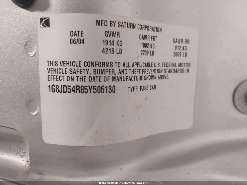 2005 Saturn L300 VIN: 1G8JD54R85Y506130 Lot: 43300500