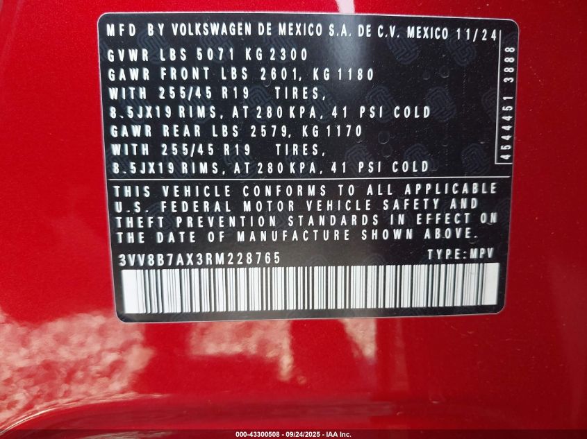 2024 Volkswagen Tiguan 2.0T Se R-Line Black VIN: 3VV8B7AX3RM228765 Lot: 43300508