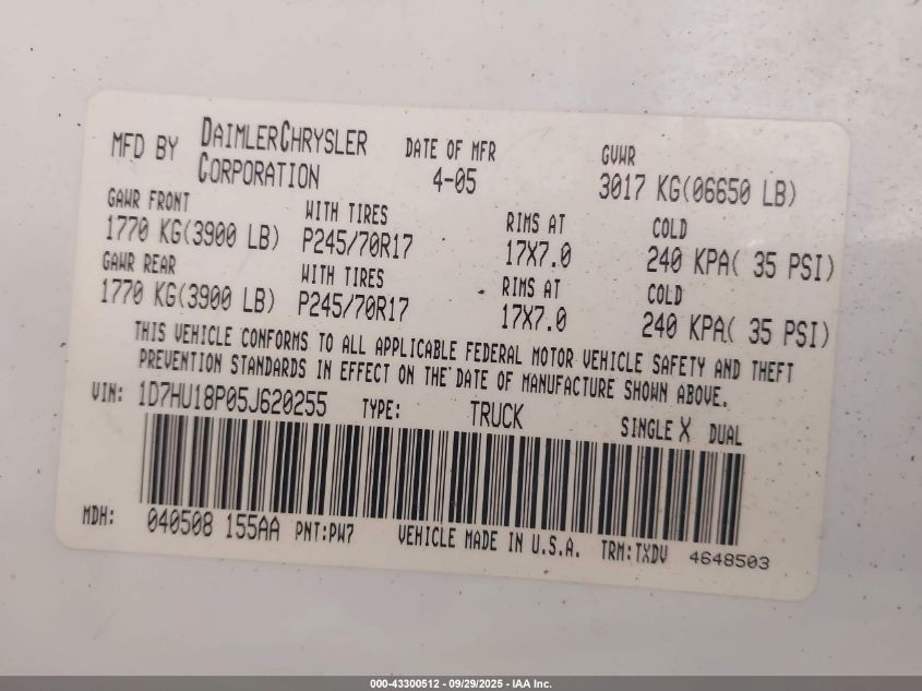 2005 Dodge Ram 1500 St VIN: 1D7HU18P05J620255 Lot: 43300512