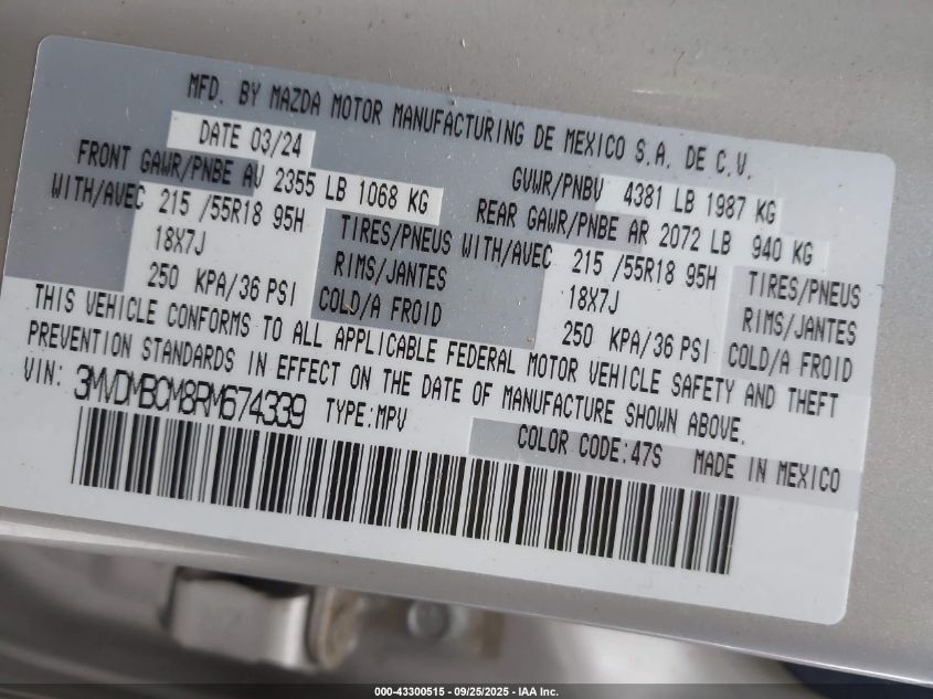 2024 Mazda Cx-30 2.5 S Preferred Package VIN: 3MVDMBCM8RM674339 Lot: 43300515