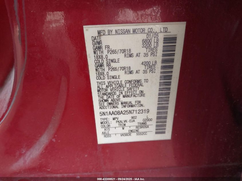 2005 Nissan Armada Le VIN: 5N1AA08A25N712319 Lot: 43300521