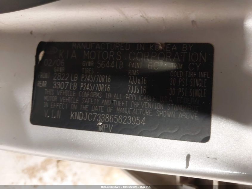 2006 Kia Sorento Ex/Lx VIN: KNDJC733865623954 Lot: 43300522