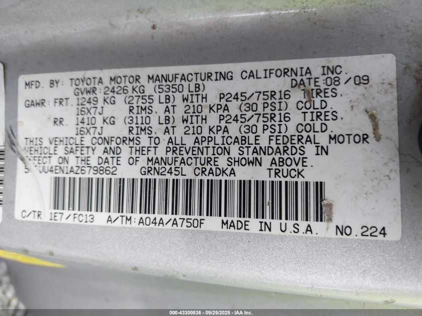 2010 Toyota Tacoma Base V6 VIN: 5TEUU4EN1AZ679862 Lot: 43300536