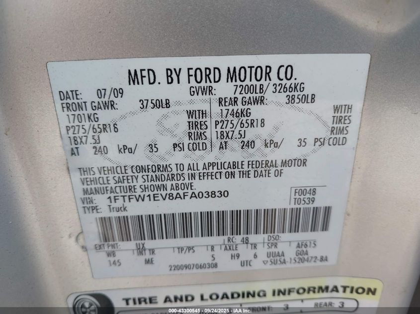 2010 Ford F-150 Fx4/Harley-Davidson/King Ranch/Lariat/Platinum/Xl/Xlt VIN: 1FTFW1EV8AFA03830 Lot: 43300545