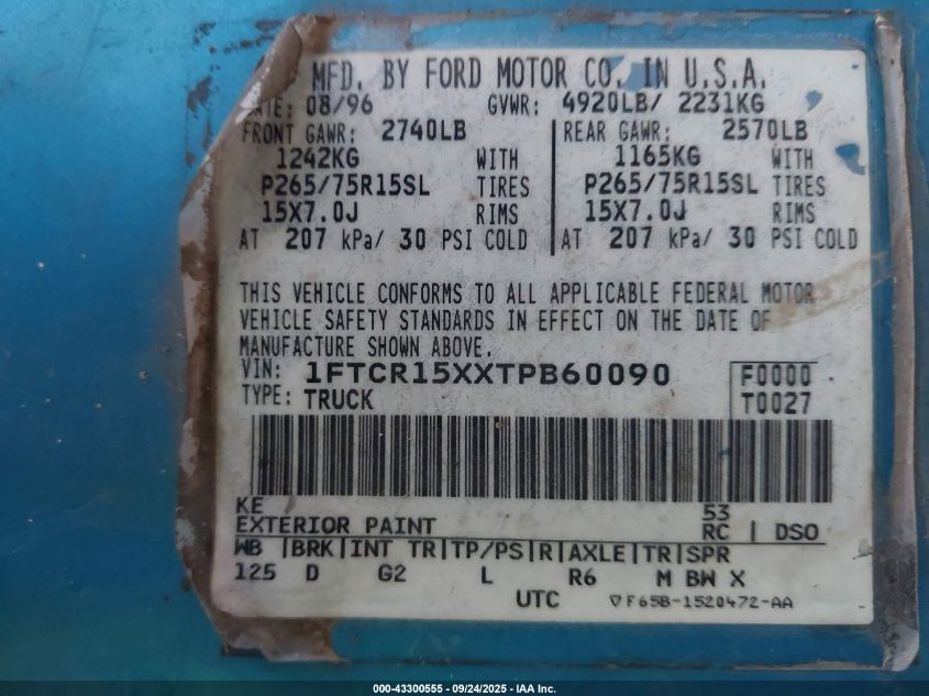 1996 Ford Ranger Super Cab VIN: 1FTCR15XXTPB60090 Lot: 43300555