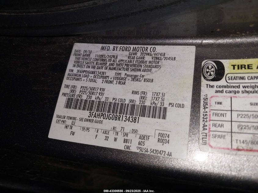 2011 Ford Fusion Sel VIN: 3FAHP0JG0BR134381 Lot: 43300556