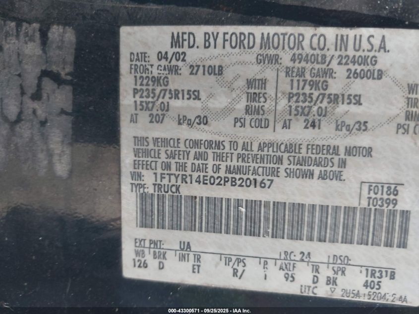 2002 Ford Ranger Edge VIN: 1FTYR14E02PB20167 Lot: 43300571