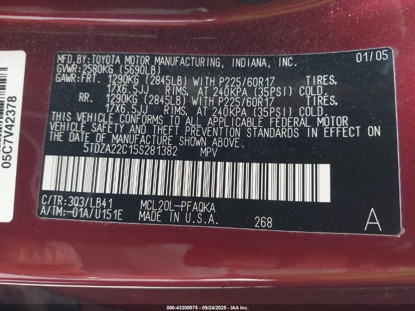 2005 Toyota Sienna Xle Limited VIN: 5TDZA22C15S281382 Lot: 43300575