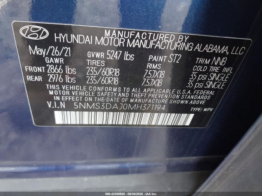 2021 Hyundai Santa Fe Sel VIN: 5NMS3DAJ0MH371194 Lot: 43300588