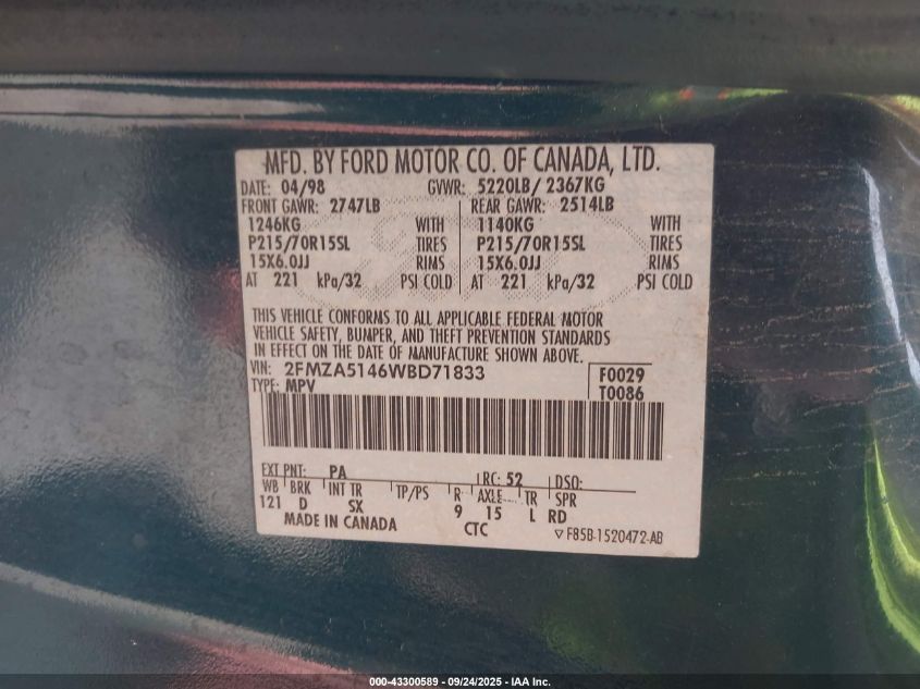 1998 Ford Windstar Gl/Limited/Lx VIN: 2FMZA5146WBD71833 Lot: 43300589