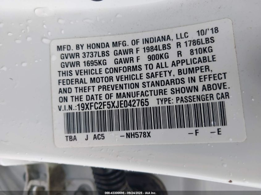 2018 Honda Civic Lx VIN: 19XFC2F5XJE042765 Lot: 43300595