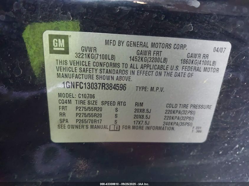 2007 Chevrolet Tahoe Ltz VIN: 1GNFC13037R384596 Lot: 43300610