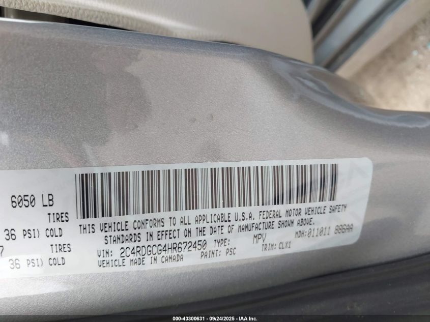 2017 Dodge Grand Caravan Sxt VIN: 2C4RDGCG4HR672450 Lot: 43300631