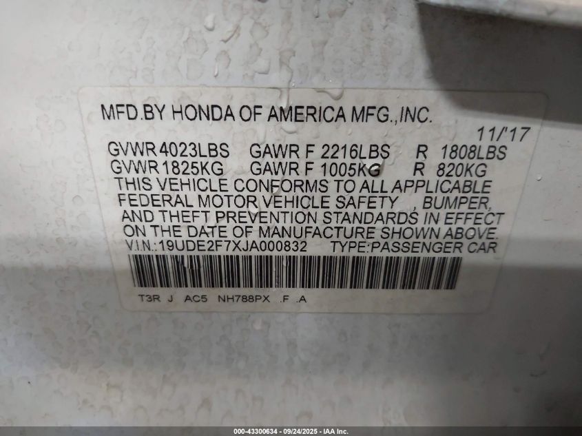 2018 Acura Ilx Premium Package/Technology Plus Package VIN: 19UDE2F7XJA000832 Lot: 43300634