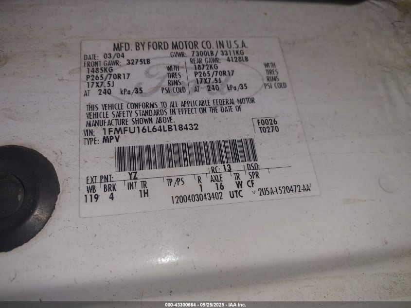 2004 Ford Expedition Nbx/Xlt VIN: 1FMFU16L64LB18432 Lot: 43300664