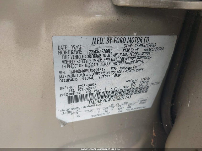 2008 Mercury Sable VIN: 1MEHM40W18G601745 Lot: 43300677