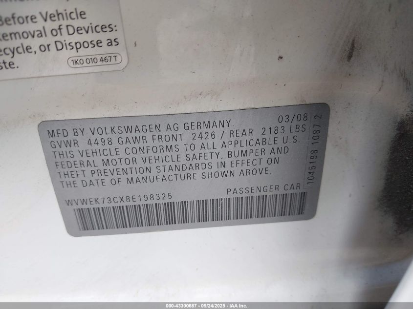2008 Volkswagen Passat Lux VIN: WVWEK73CX8E198325 Lot: 43300687