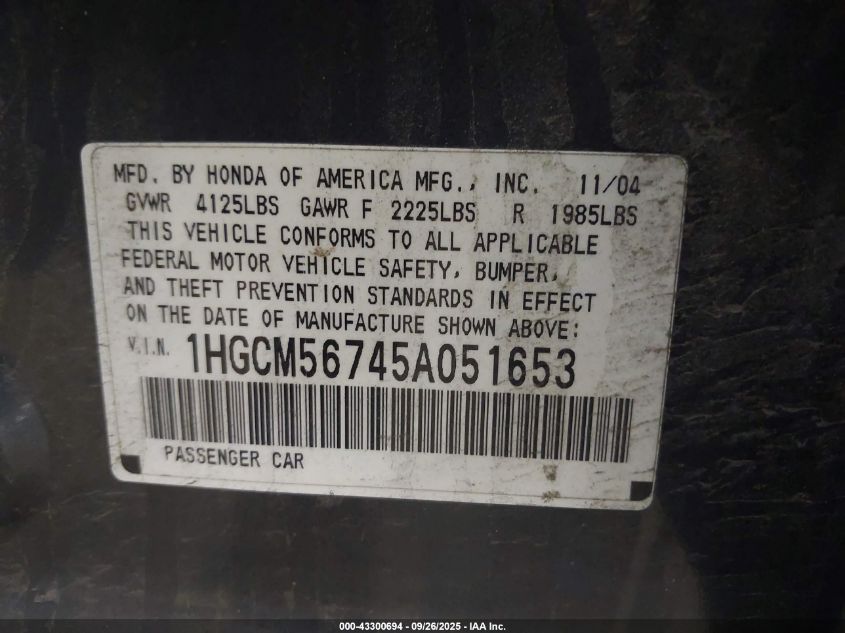 2005 Honda Accord Ex VIN: 1HGCM56745A051653 Lot: 43300694