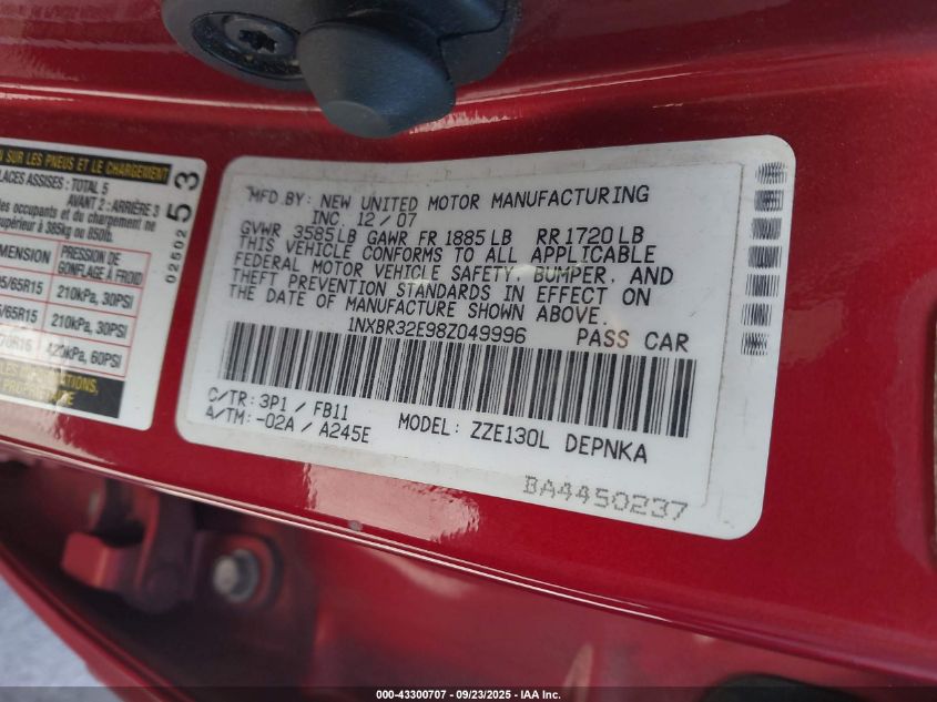 2008 Toyota Corolla Le VIN: 1NXBR32E98Z049996 Lot: 43300707