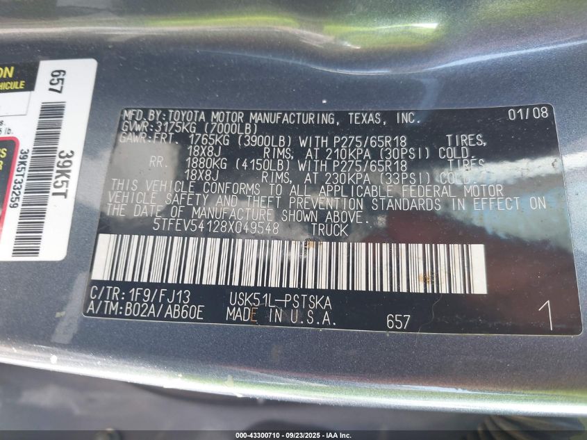 2008 Toyota Tundra Sr5 5.7L V8 VIN: 5TFEV54128X049548 Lot: 43300710