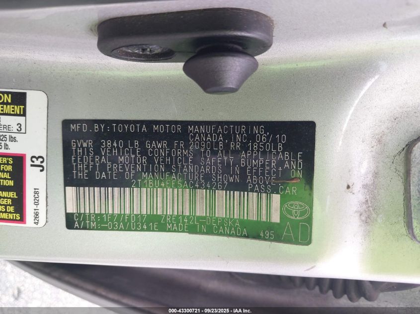 2010 Toyota Corolla S VIN: 2T1BU4EE5AC434267 Lot: 43300721