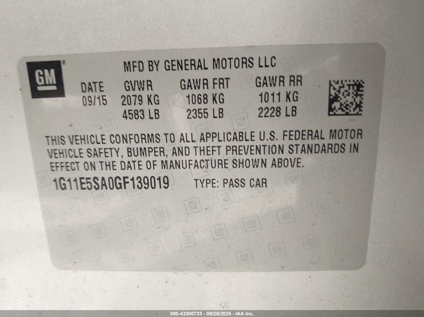 2016 Chevrolet Malibu Limited Ltz VIN: 1G11E5SA0GF139019 Lot: 43300723