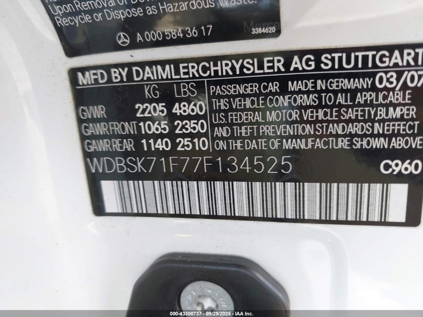2007 Mercedes-Benz Sl 550 VIN: WDBSK71F77F134525 Lot: 43300737