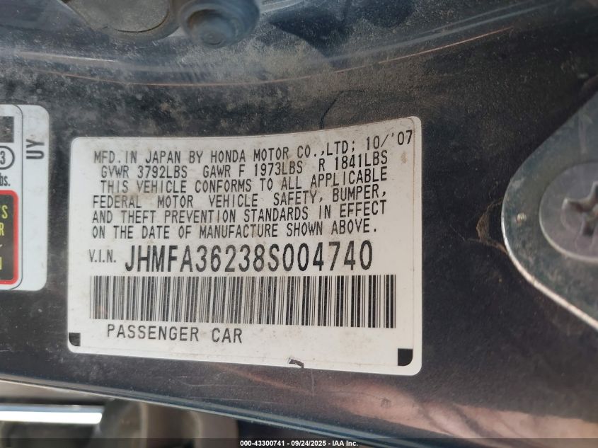 2008 Honda Civic Hybrid VIN: JHMFA36238S004740 Lot: 43300741
