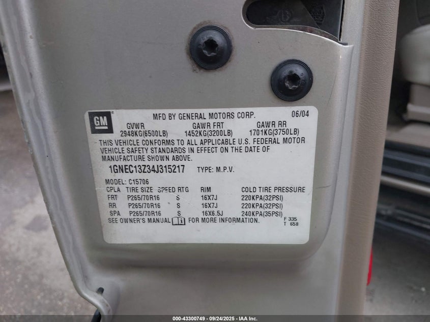 2004 Chevrolet Tahoe Ls VIN: 1GNEC13Z34J315217 Lot: 43300749