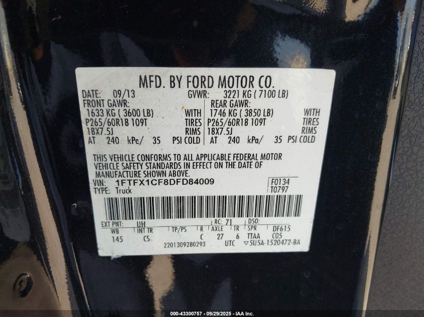 2013 Ford F-150 Stx VIN: 1FTFX1CF8DFD84009 Lot: 43300757