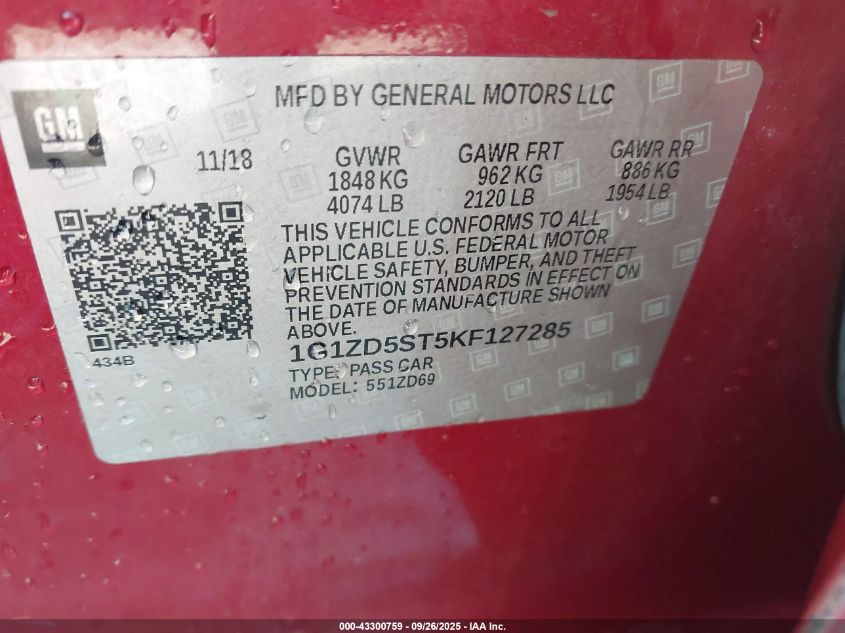 2019 Chevrolet Malibu Lt VIN: 1G1ZD5ST5KF127285 Lot: 43300759