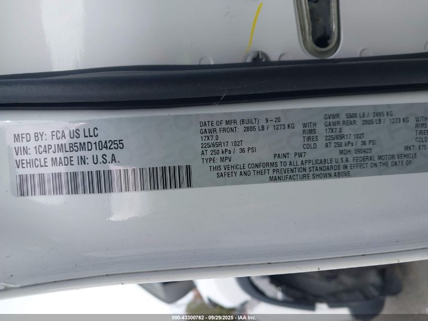 2021 Jeep Cherokee Latitude Plus 4X4 VIN: 1C4PJMLB5MD104255 Lot: 43300762