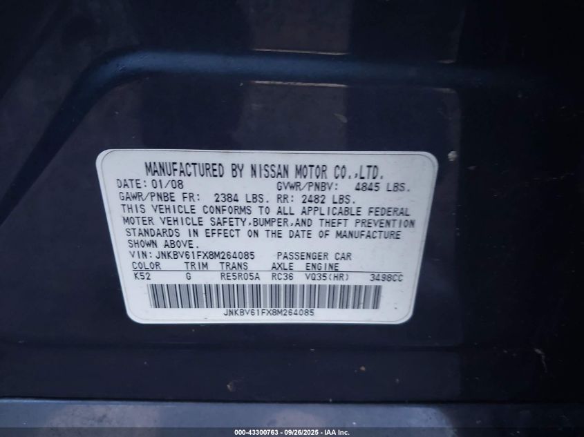 2008 Infiniti G35X VIN: JNKBV61FX8M264085 Lot: 43300763
