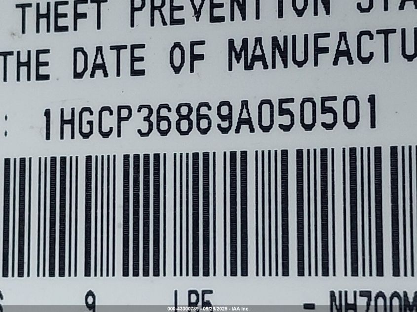 2009 Honda Accord 3.5 Ex-L VIN: 1HGCP36869A050501 Lot: 43300789
