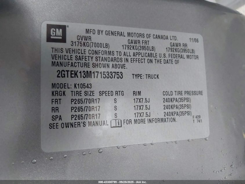 2007 GMC Sierra 1500 Slt VIN: 2GTEK13M171533753 Lot: 43300799