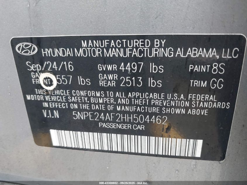 2017 Hyundai Sonata Se VIN: 5NPE24AF2HH504462 Lot: 43300802
