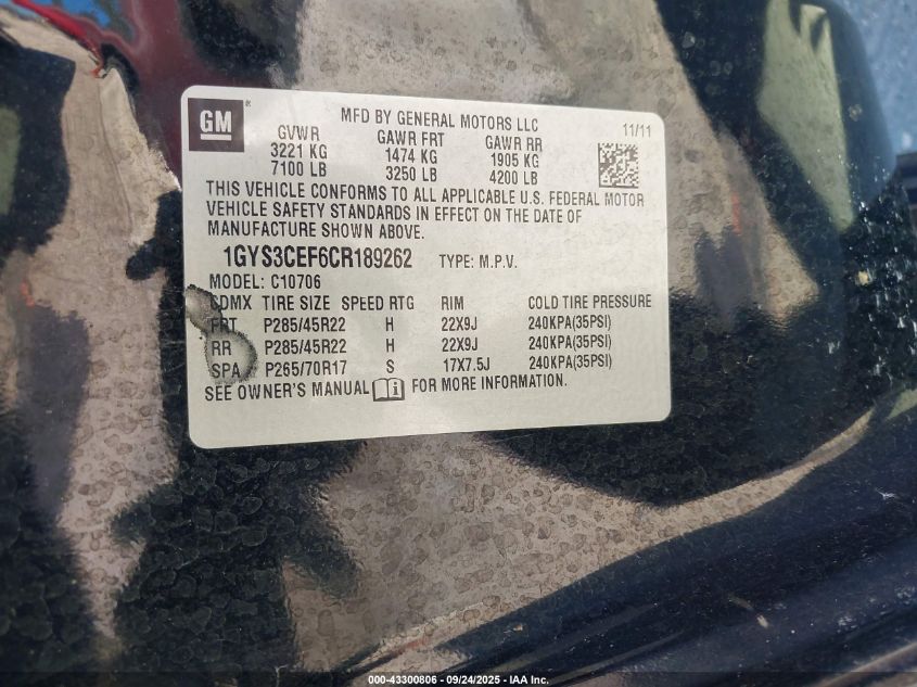 2012 Cadillac Escalade Premium VIN: 1GYS3CEF6CR189262 Lot: 43300806