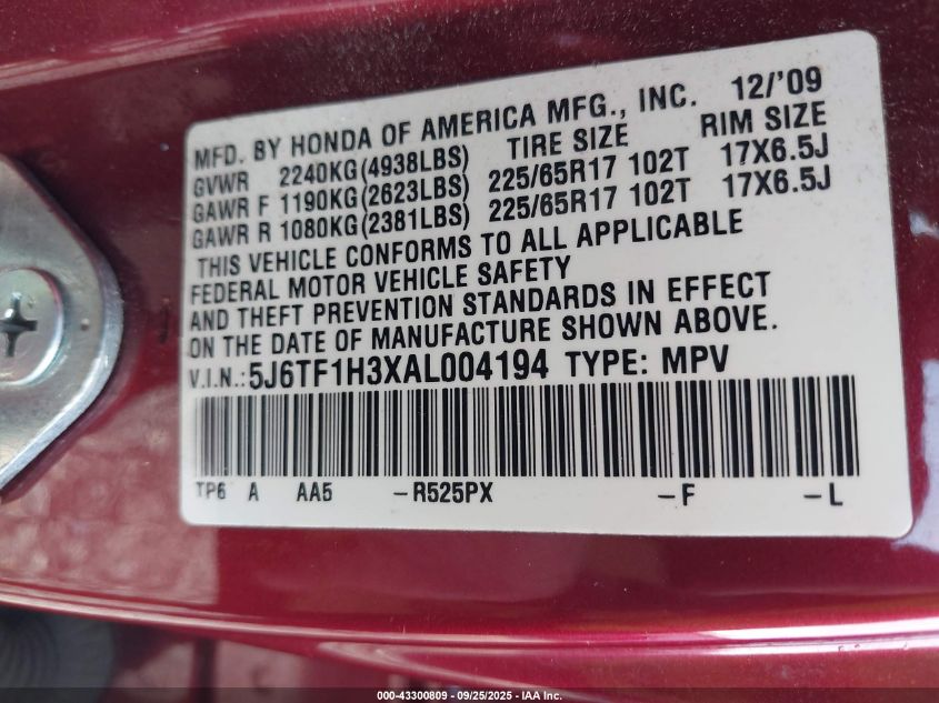 2010 Honda Accord Crosstour Ex VIN: 5J6TF1H3XAL004194 Lot: 43300809