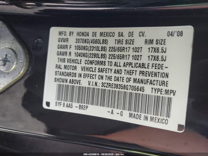 2008 Honda Cr-V Lx VIN: 3CZRE38358G705645 Lot: 43300810