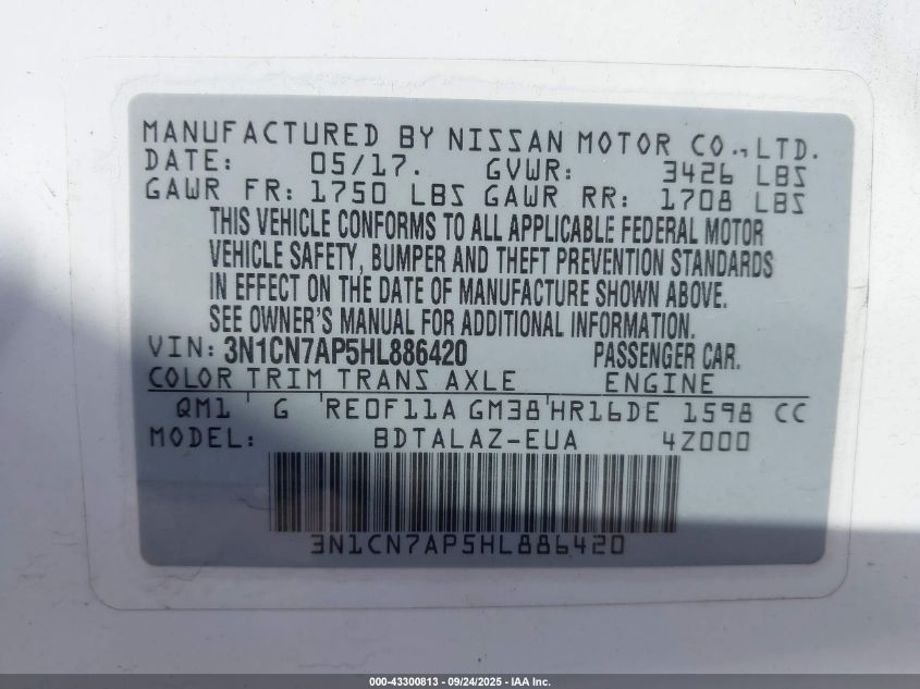 2017 Nissan Versa 1.6 S+ VIN: 3N1CN7AP5HL886420 Lot: 43300813