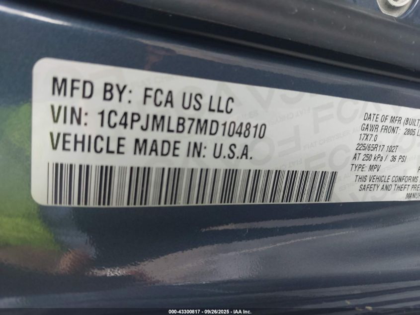 2021 Jeep Cherokee Latitude Plus 4X4 VIN: 1C4PJMLB7MD104810 Lot: 43300817