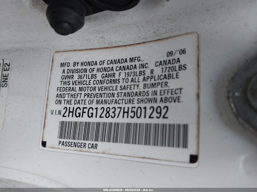 2007 Honda Civic Ex VIN: 2HGFG12837H501292 Lot: 43300826