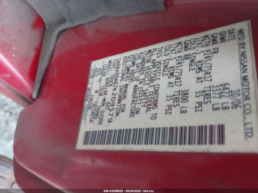 2007 Nissan Titan Xe VIN: 1N6BA06A67N209579 Lot: 43300829